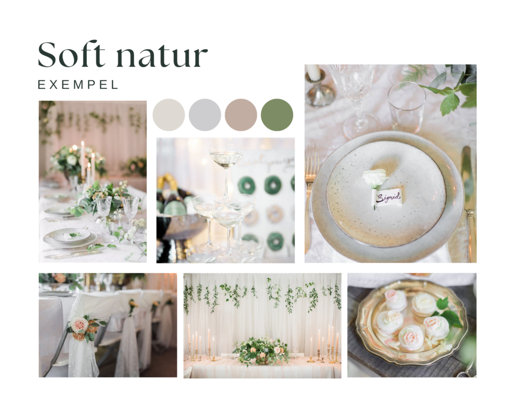 Inspirationsbilder för bröllopsdukning med soft natur